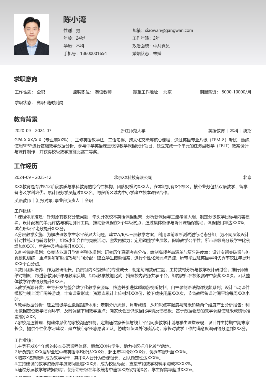 5-10年经验英语教师简历模板（简单款）