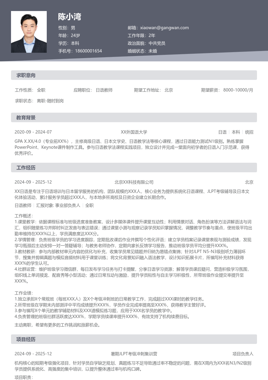 1年内经验日语教师简历模板（正规版）