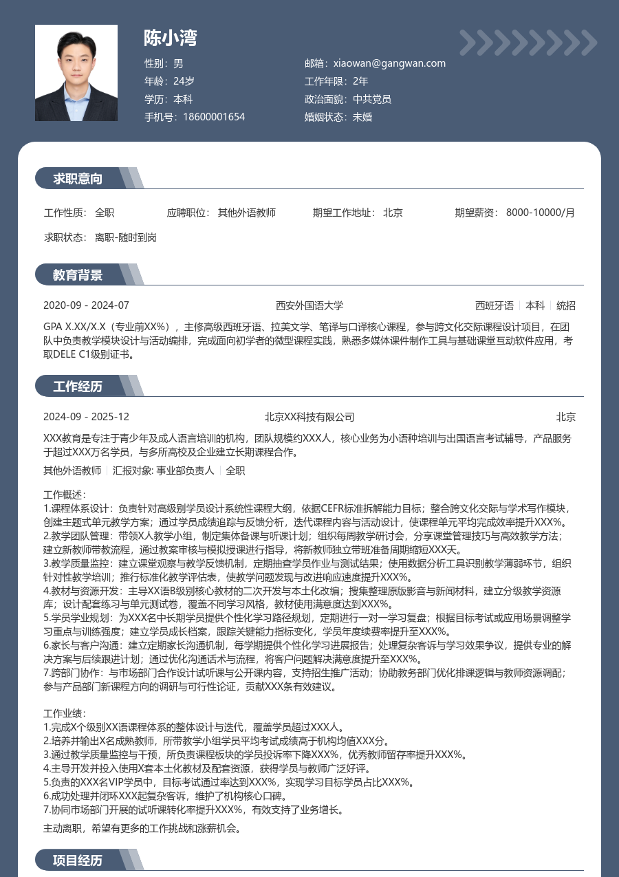 5-10年经验其他外语教师简历模板（成熟版）