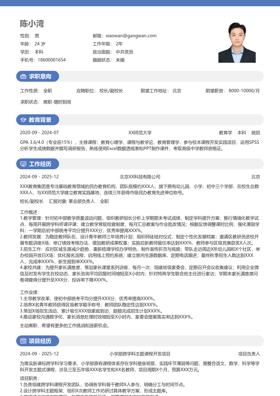 1年内经验校长/副校长简历模板（圆润格式）