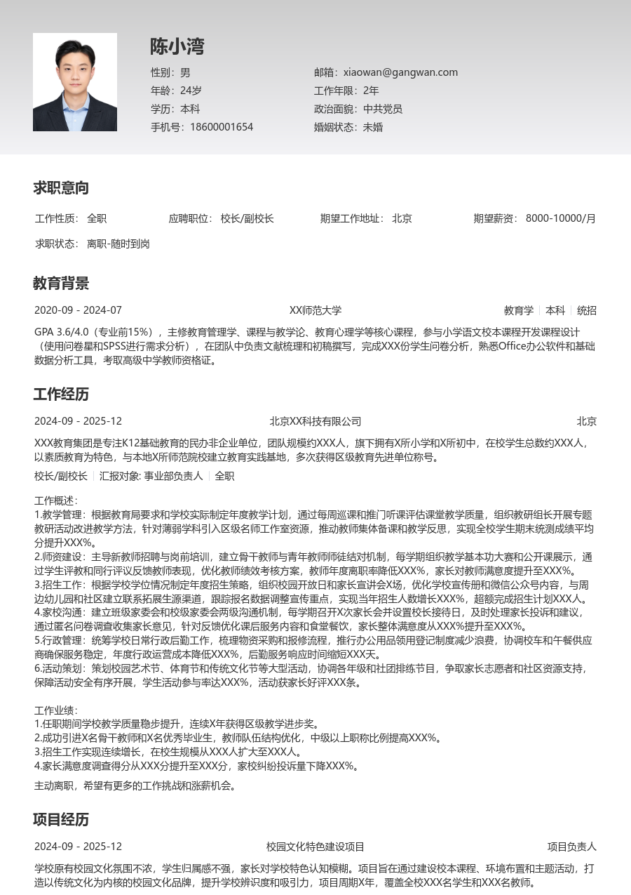 1-3年经验校长/副校长简历模板（整洁样式）