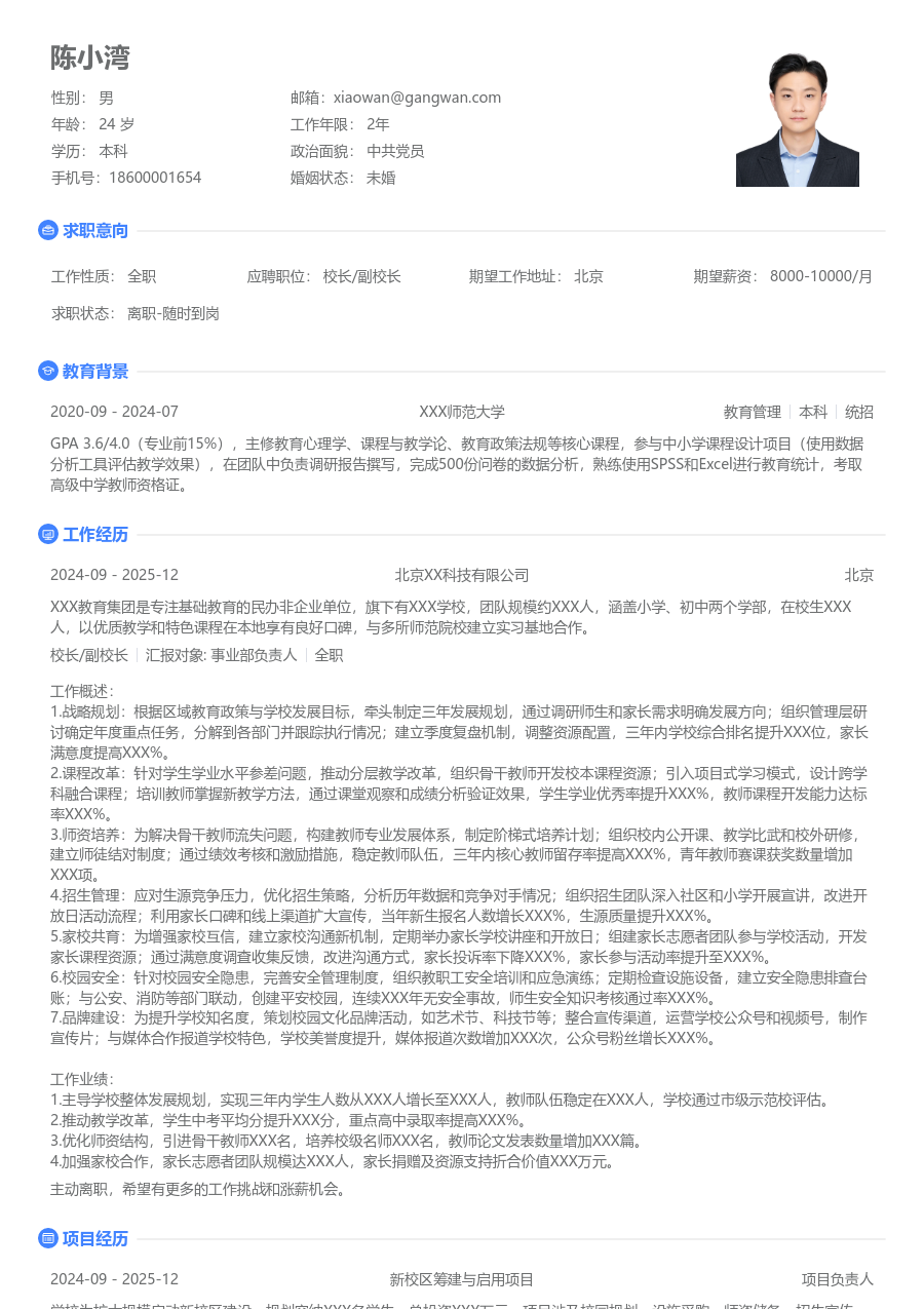 10+年经验校长/副校长简历模板（整洁风）