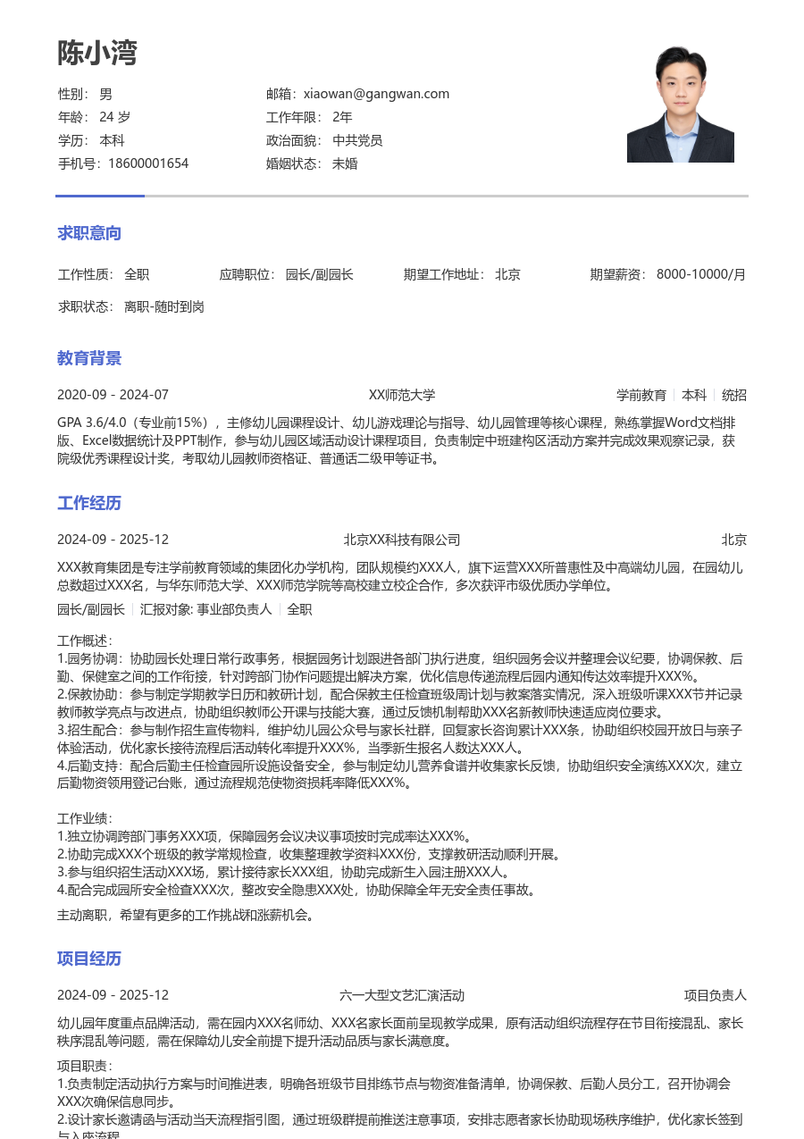 1年内经验园长/副园长简历模板（简单样式）