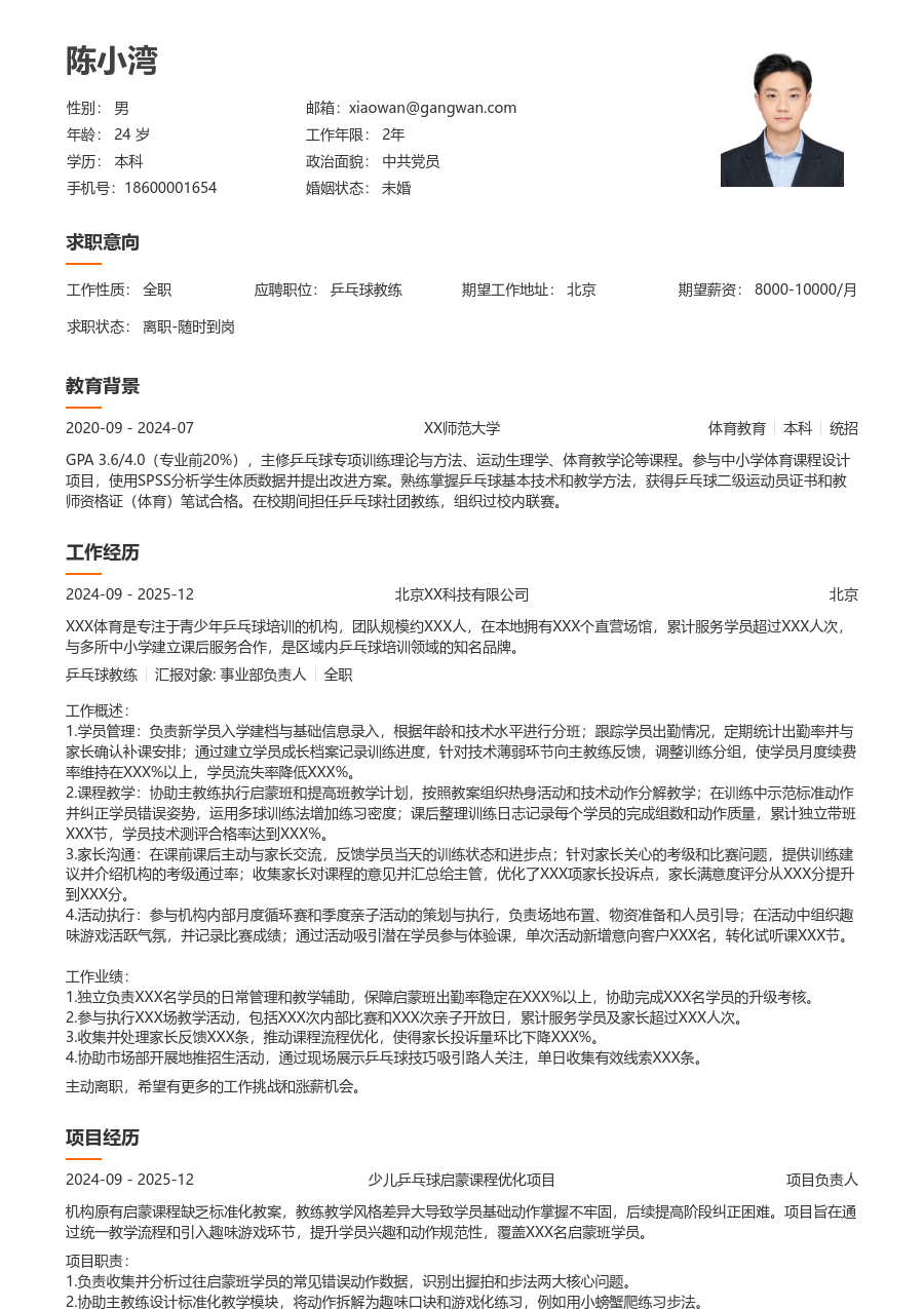 1年内经验乒乓球教练简历模板（整洁设计）