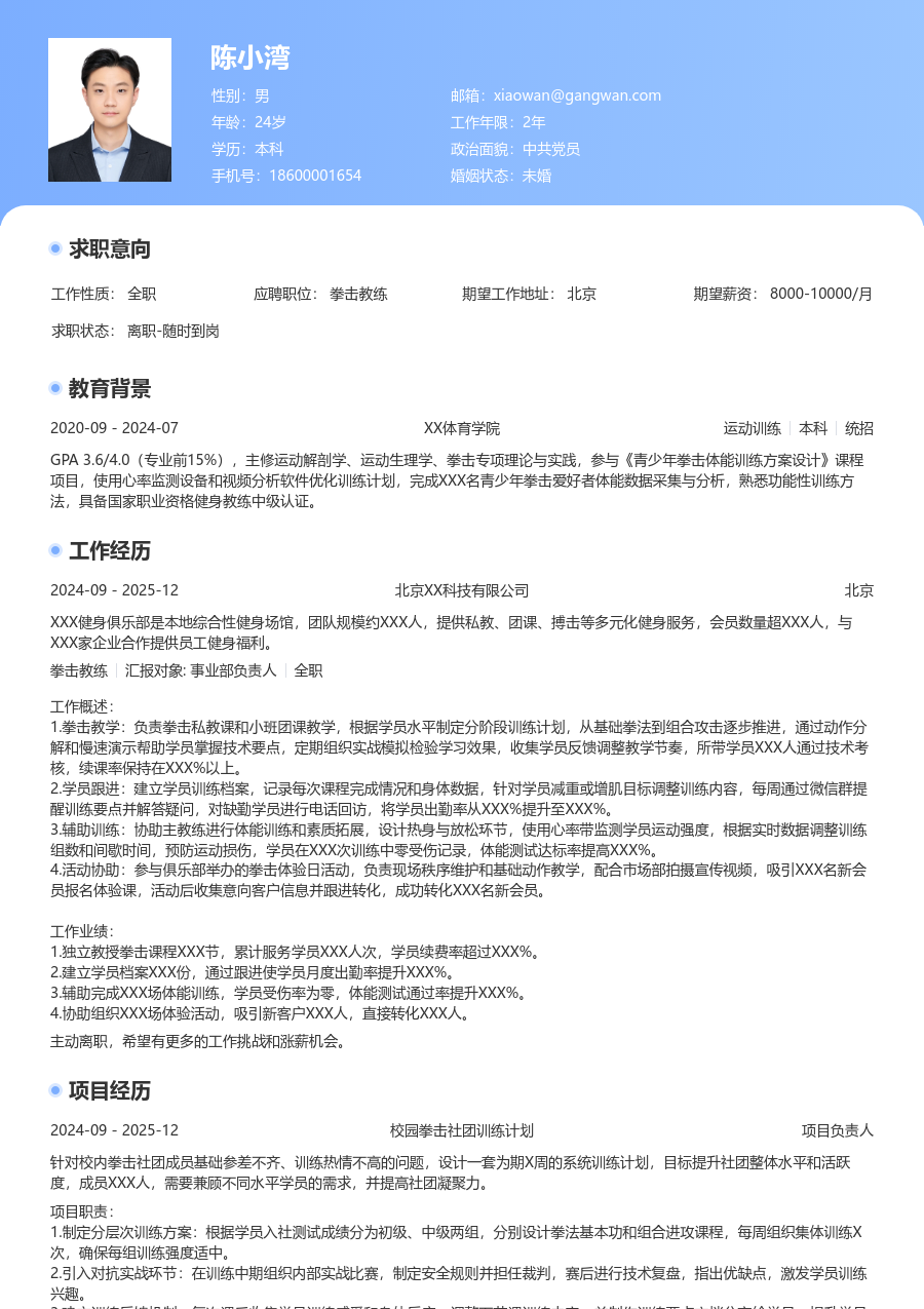 1年内经验拳击教练简历模板（专业格式）