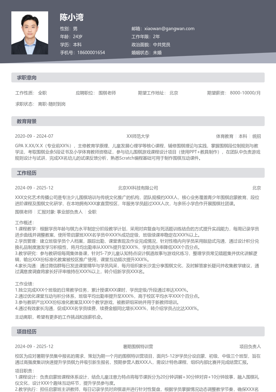 1年内经验围棋老师简历模板（正规格式）