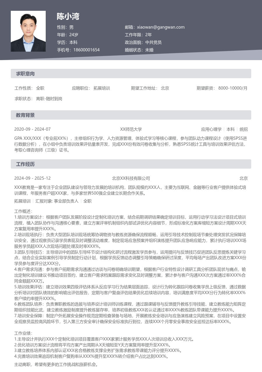 5-10年经验拓展培训简历模板（标准格式）