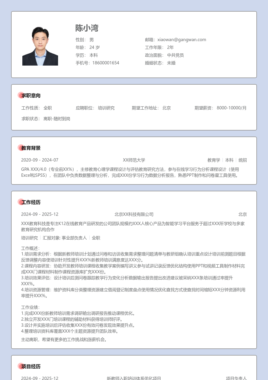 零经验培训研究简历模板（正式版）