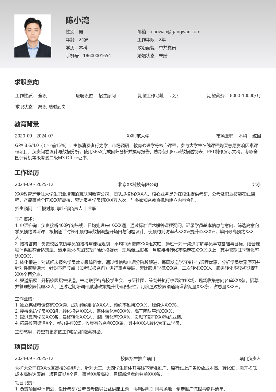 大学生招生顾问简历模板（基础设计）