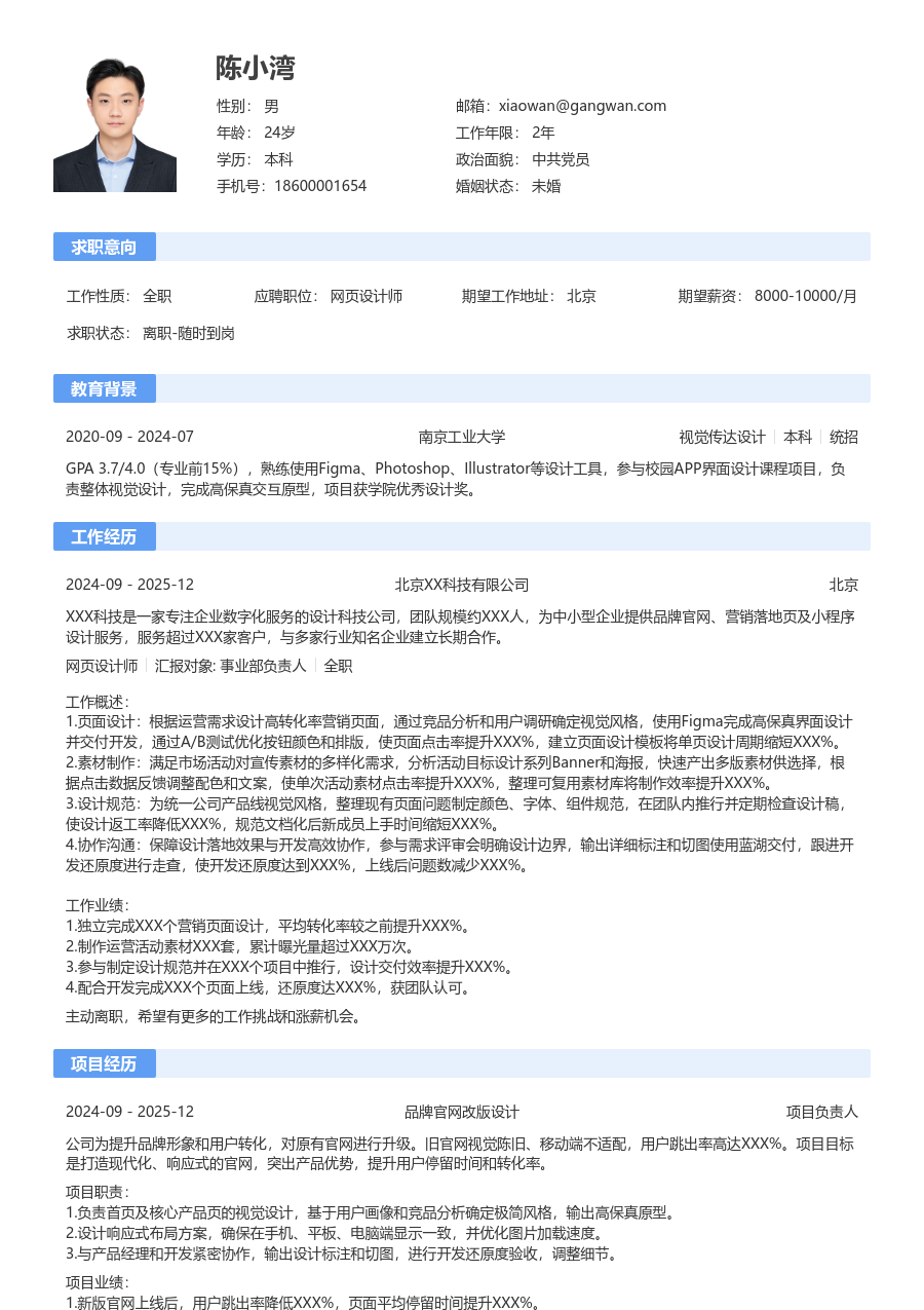 1年内经验网页设计师简历模板（基础风格）