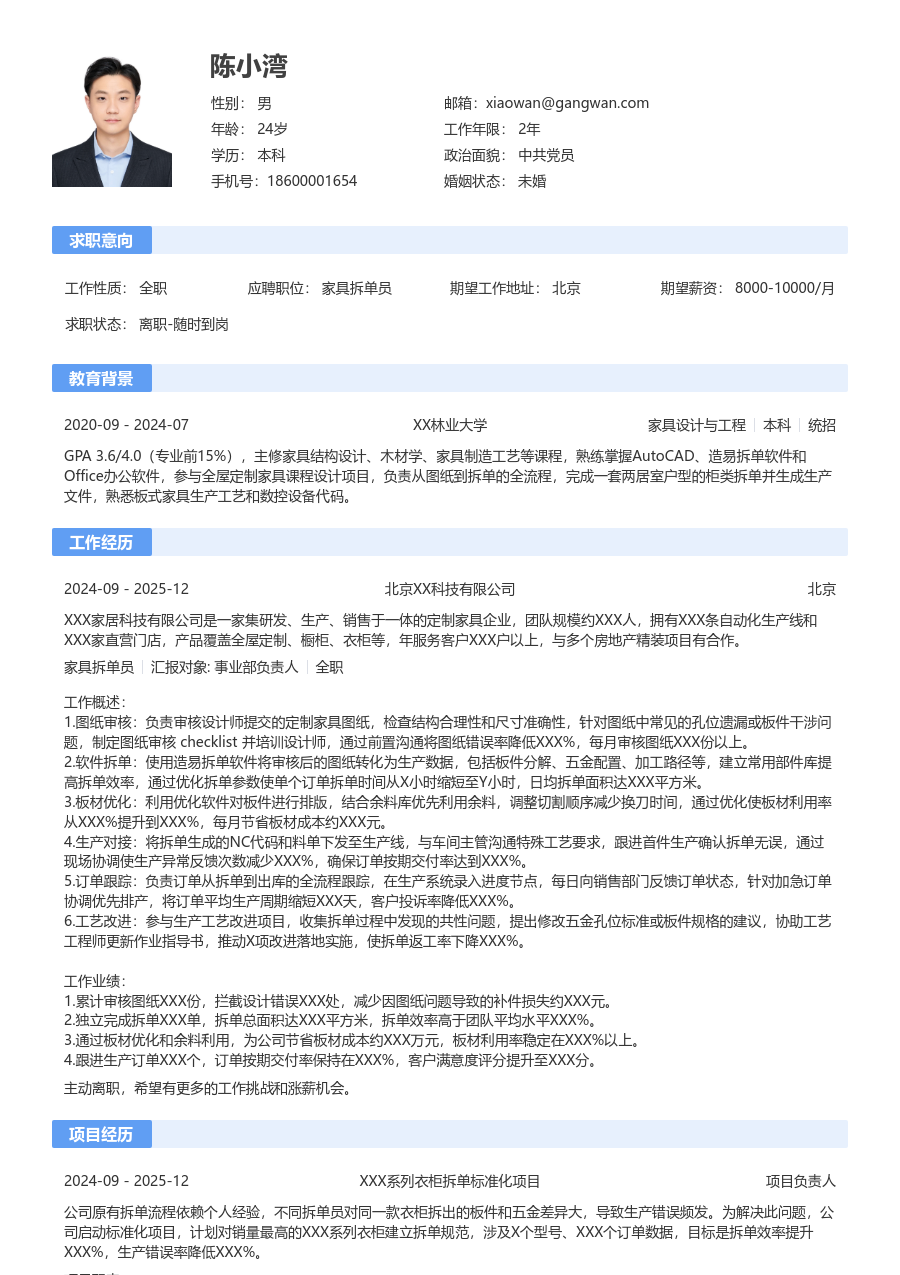 1-3年经验家具拆单员简历模板（标准版）