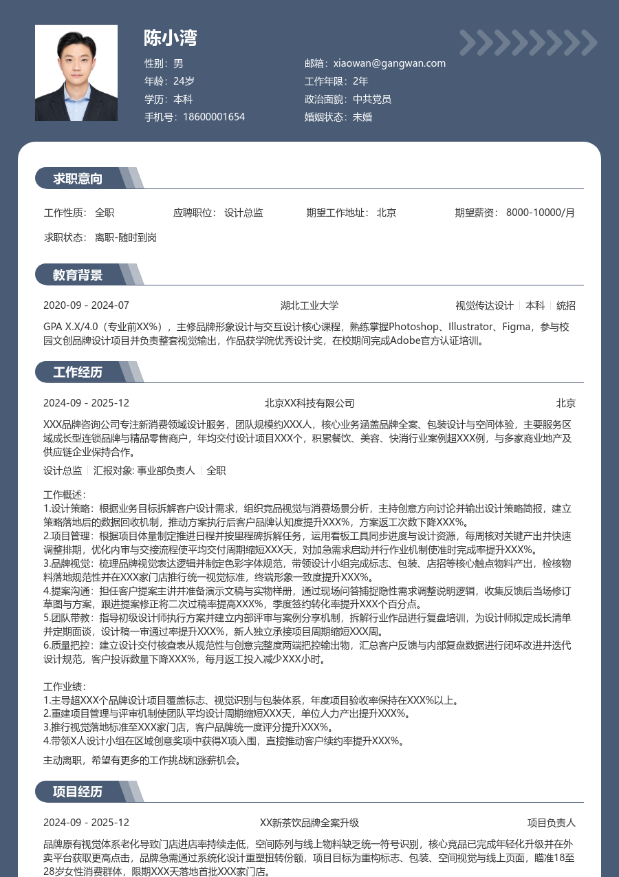 1-3年经验设计总监简历模板(资深布局) - 包含工作经历、项目经验的设计总监简历模板预览图