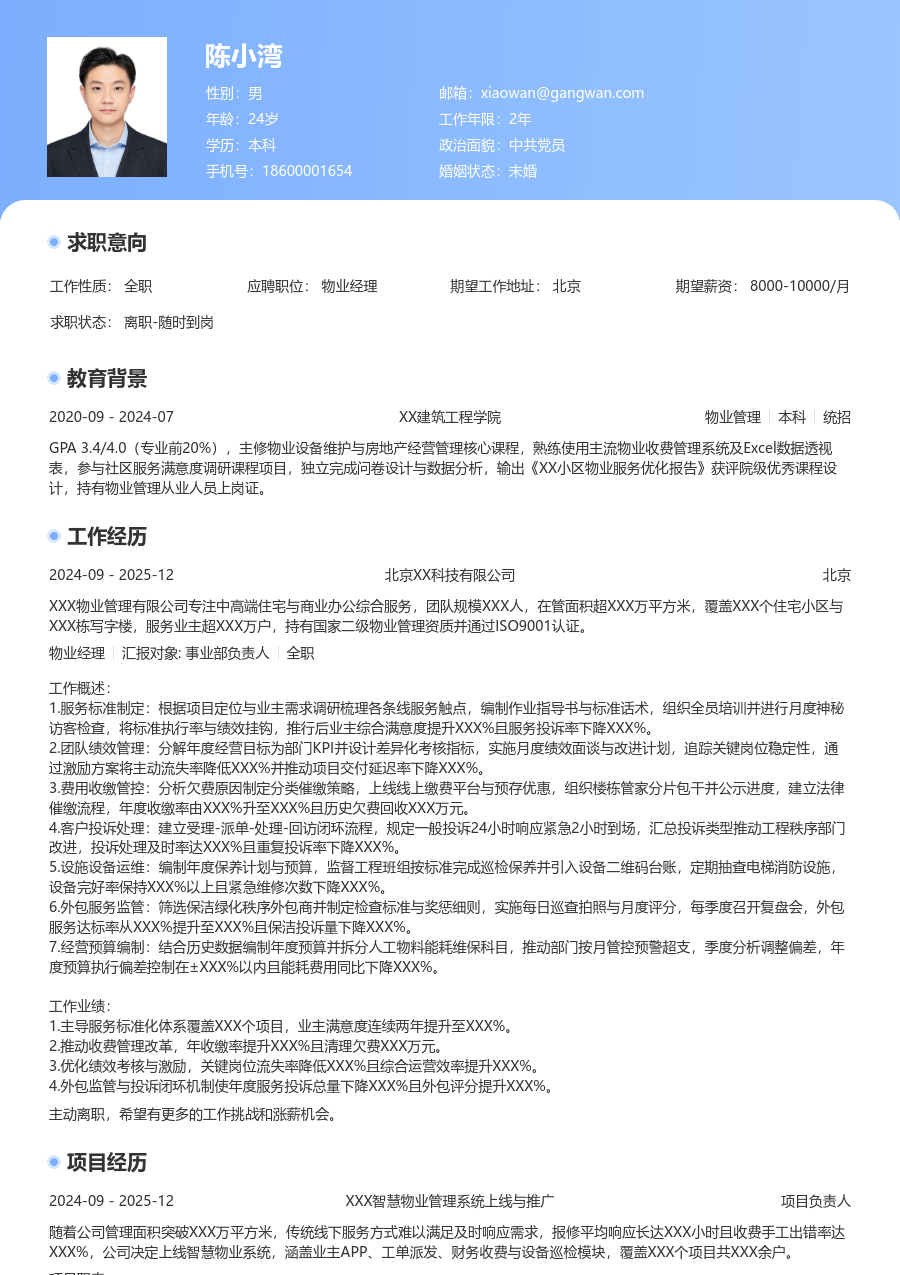 5-10年经验物业经理简历模板（醒目版）