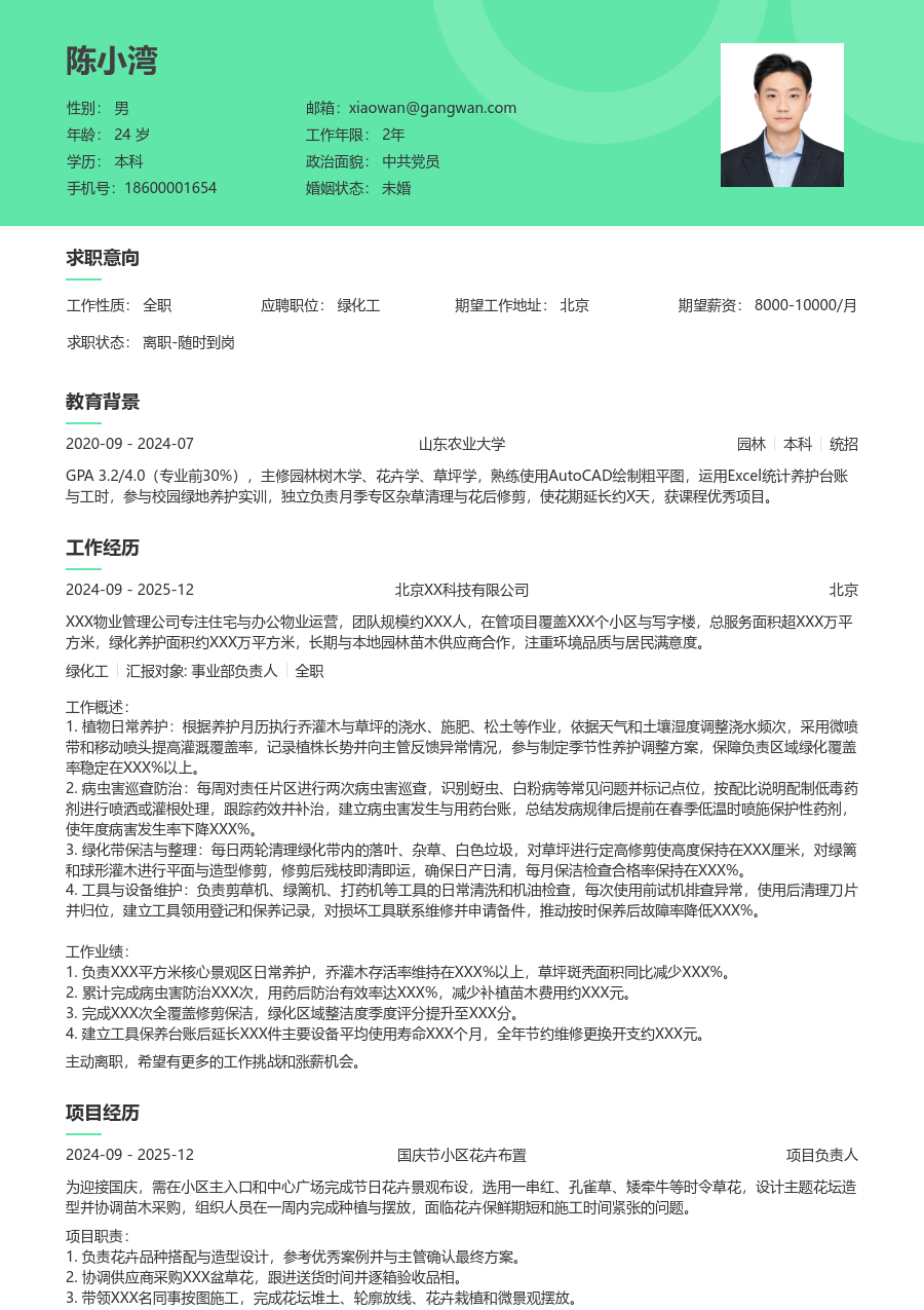 1年内经验绿化工简历模板（绿色版）