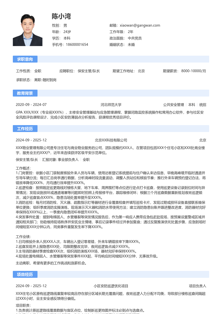 零经验保安主管/队长简历模板（标准风）