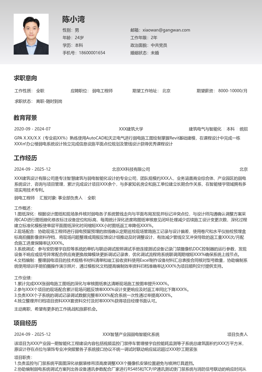 1年内经验弱电工程师简历模板（极简排版）