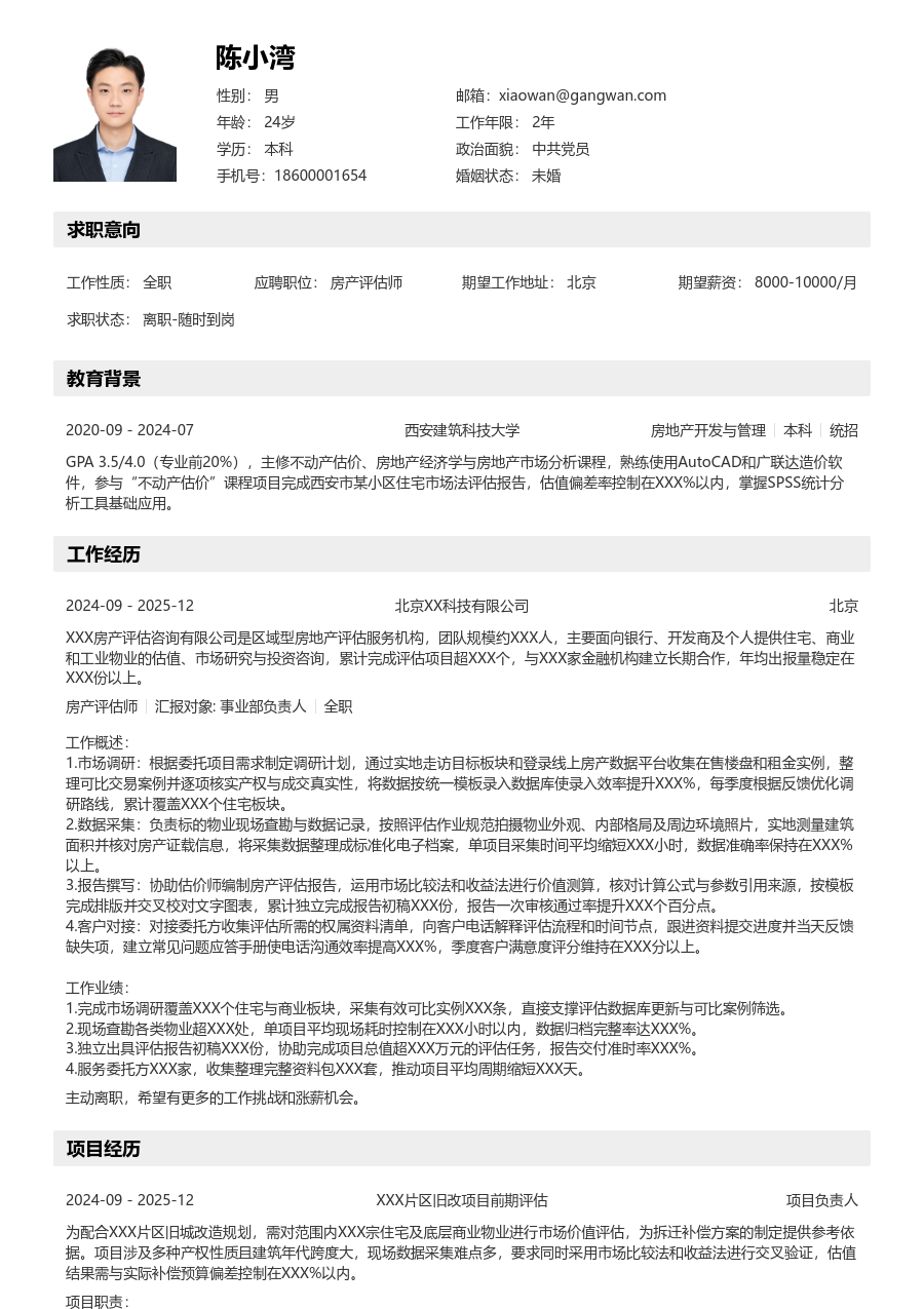 寒暑假实习房产评估师简历模板(分层款) - 包含工作经历、项目经验的房产评估师简历模板预览图