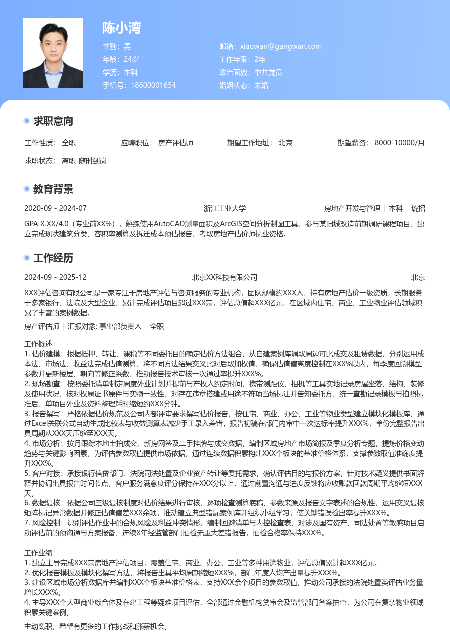 5-10年经验房产评估师简历模板（经典样式）