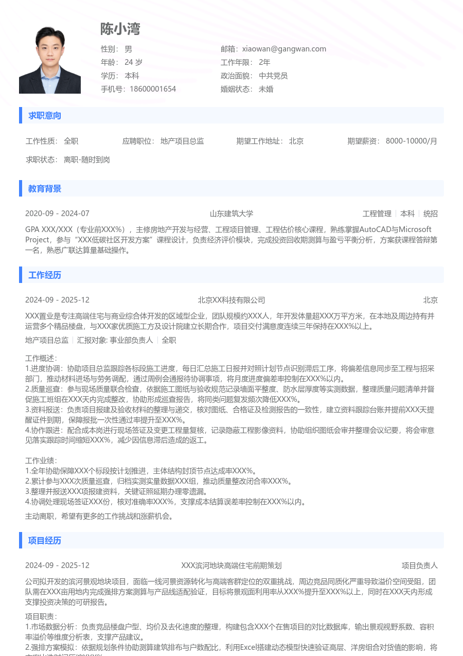 小白地产项目总监简历模板（基础设计）