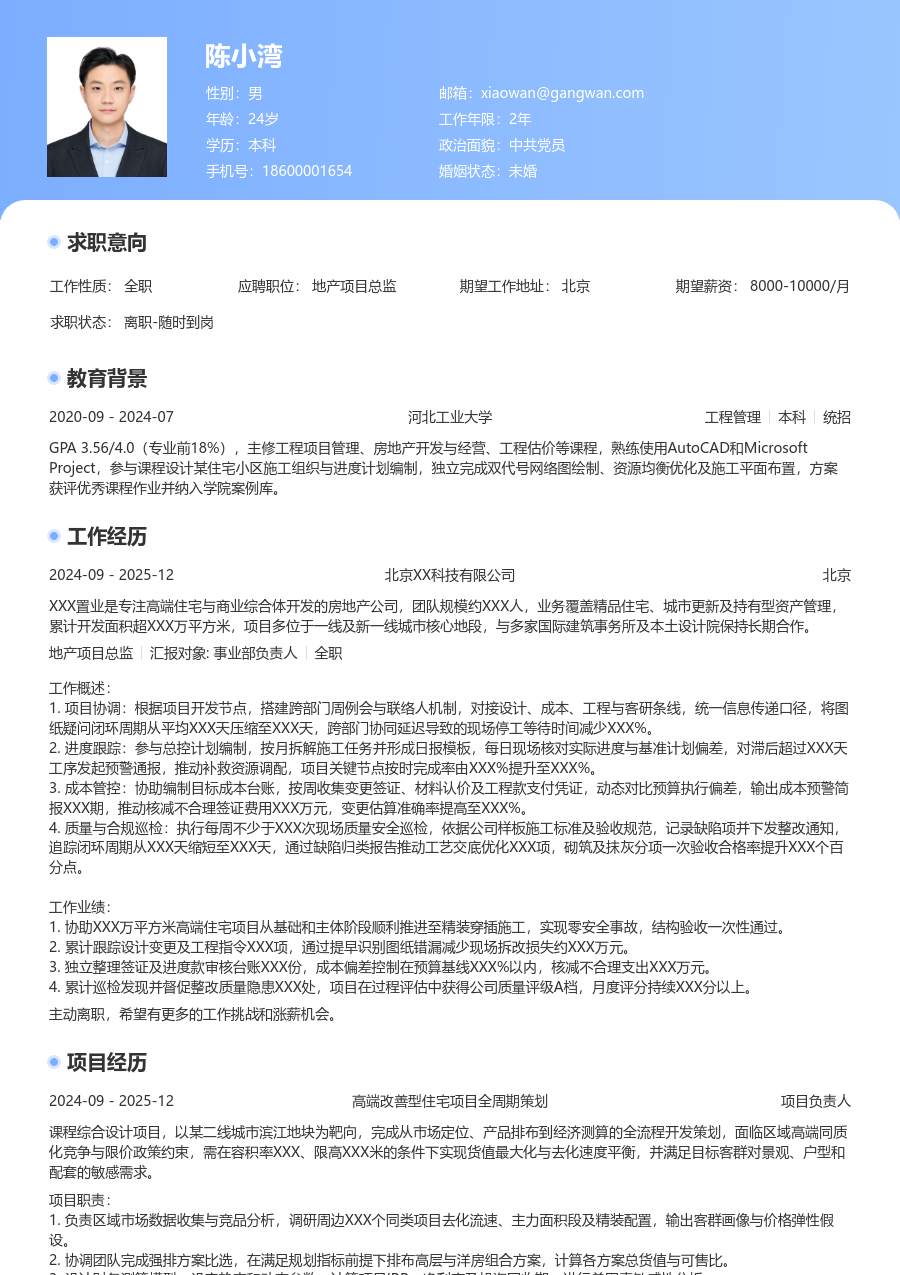 1年内经验地产项目总监简历模板（亮眼排版）