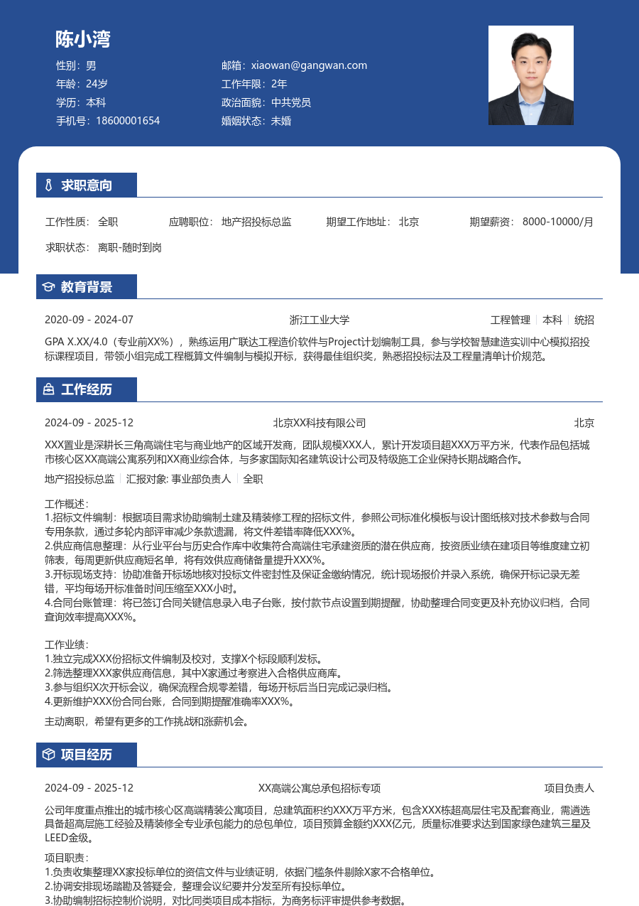 零经验地产招投标总监简历模板（醒目样式）