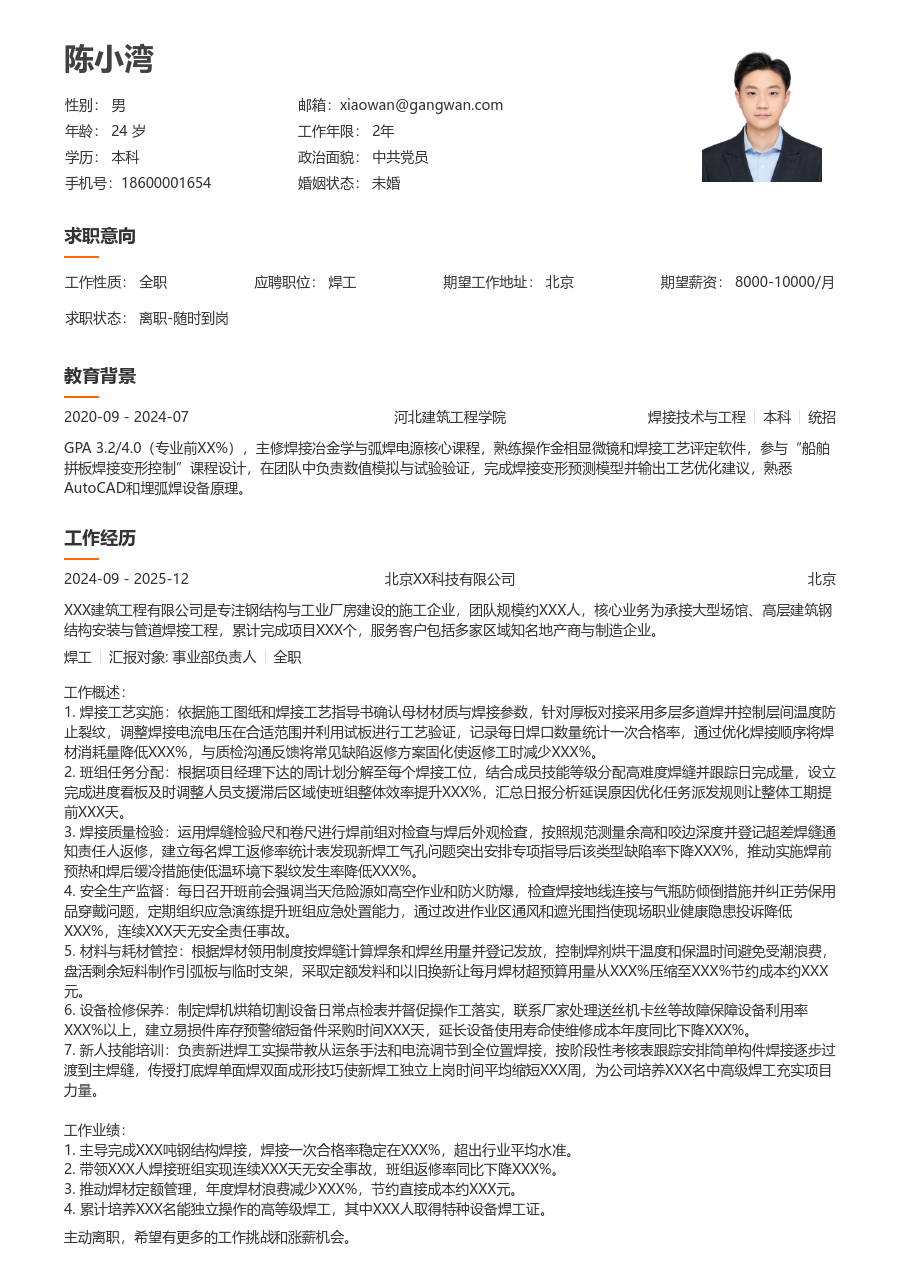 5-10年经验焊工简历模板（简明风）