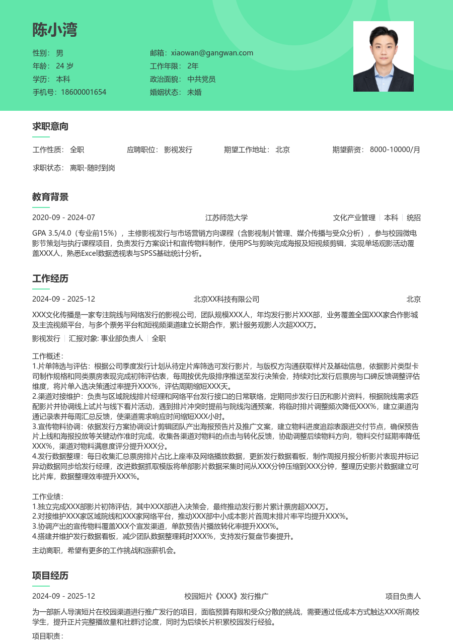 零经验影视发行简历模板（绿色样式）