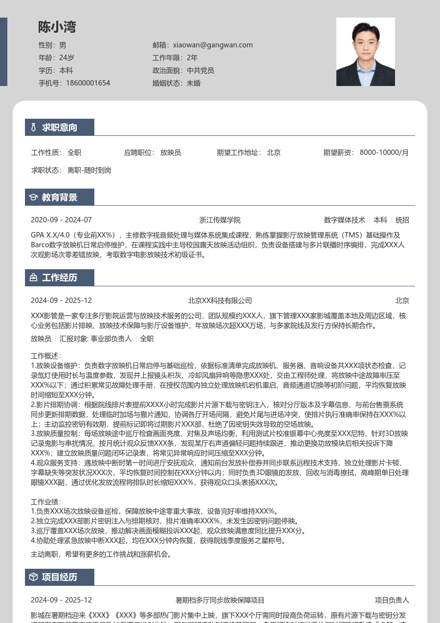 小白放映员简历模板（现代版）