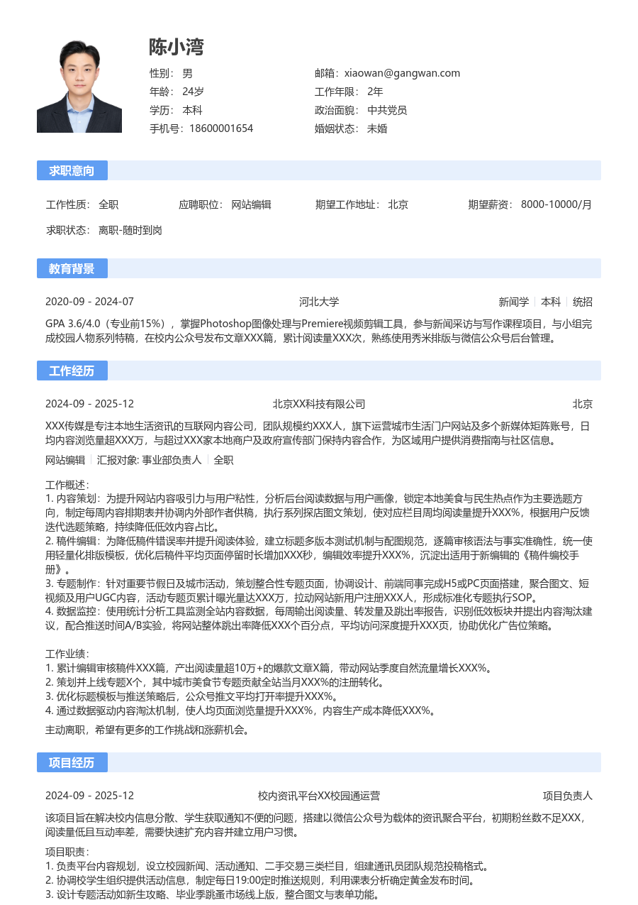 1年内经验网站编辑简历模板（传统版）