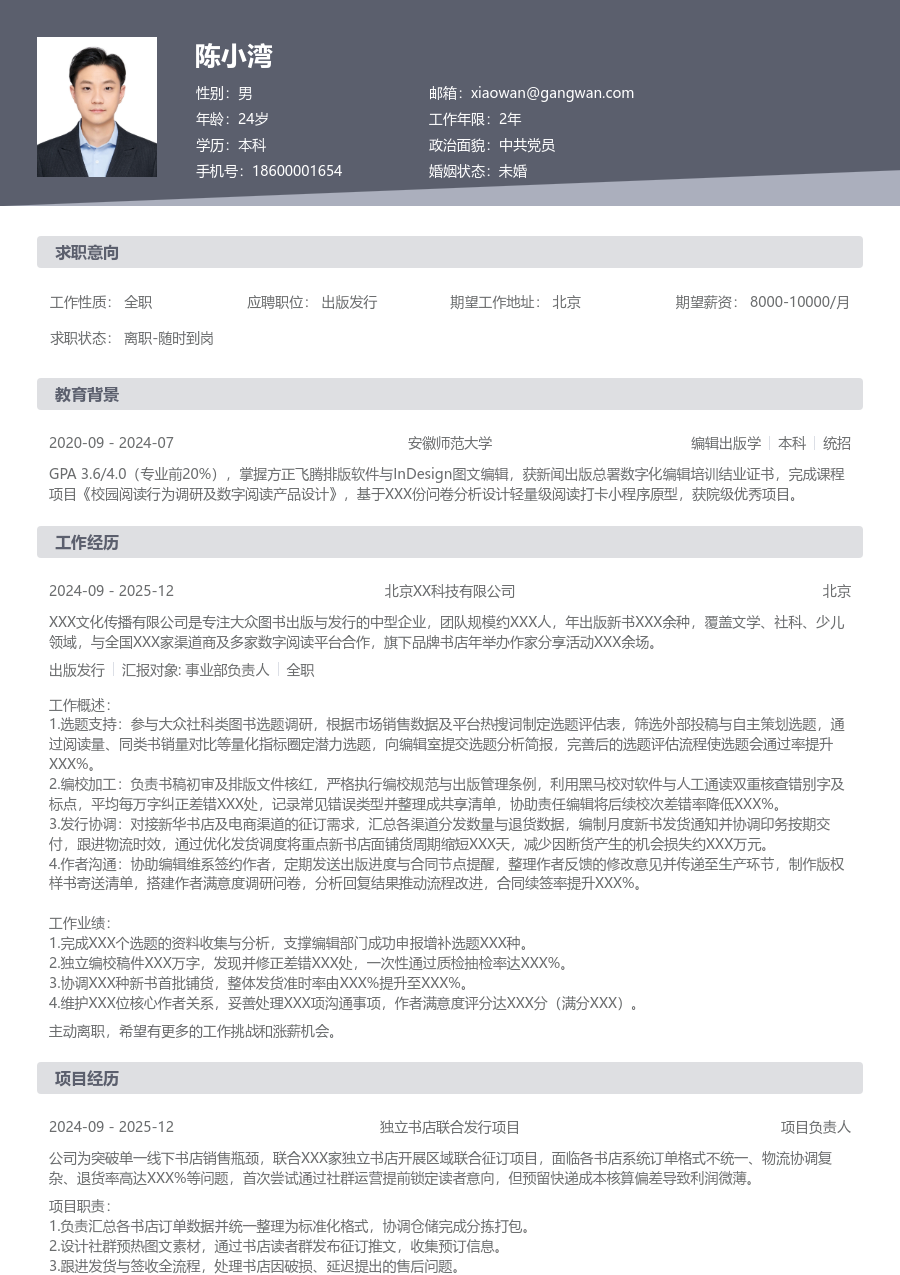 大学生出版发行简历模板（传统样式） - 包含工作经历、项目经验的出版发行简历模板预览图