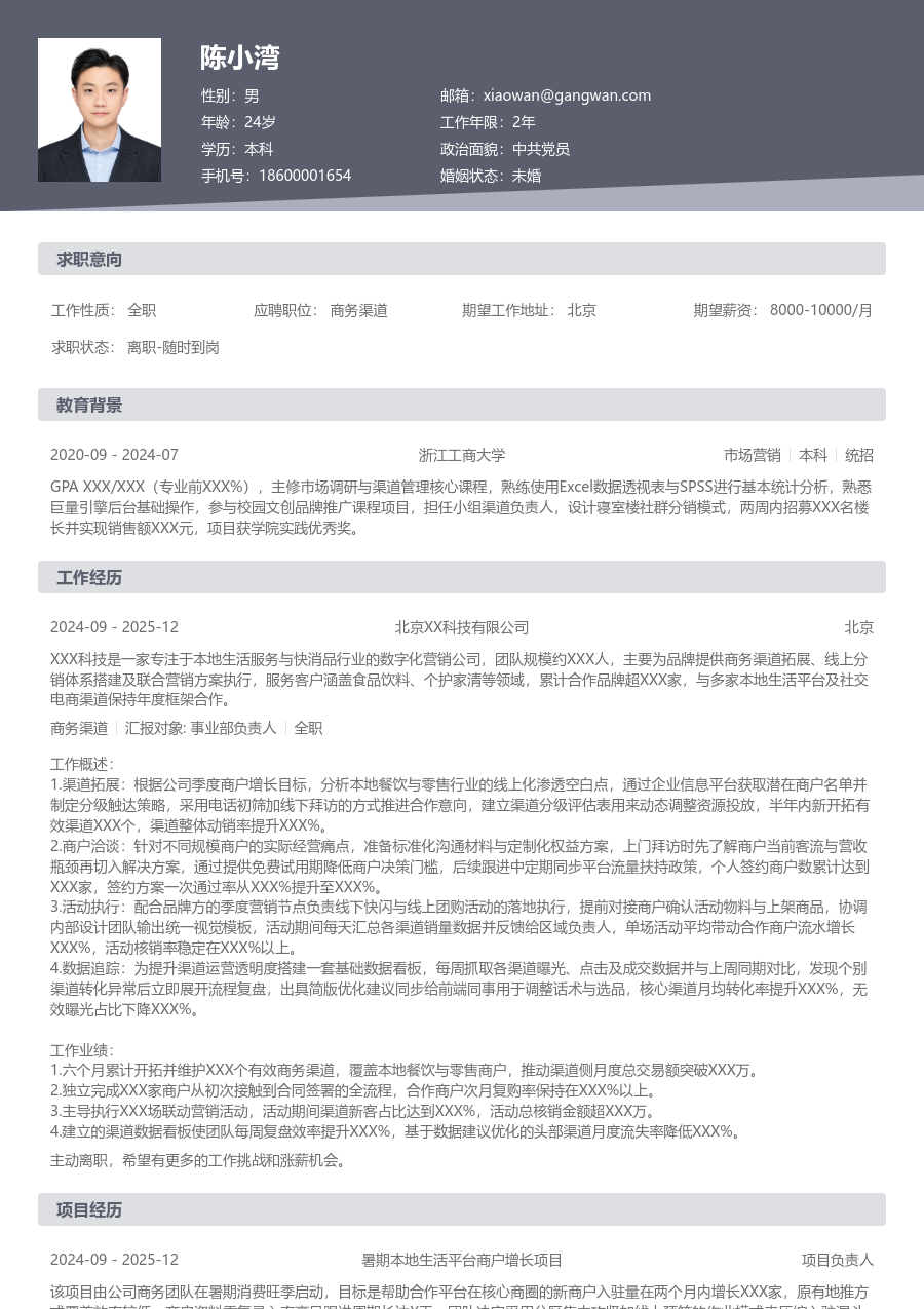 1年内经验商务渠道简历模板(经典款) - 包含工作经历、项目经验的商务渠道简历模板预览图