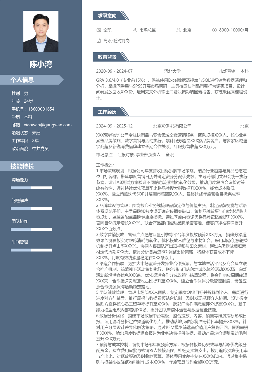 实习生市场总监简历模板（职场版） - 包含工作经历、项目经验的市场总监简历模板预览图