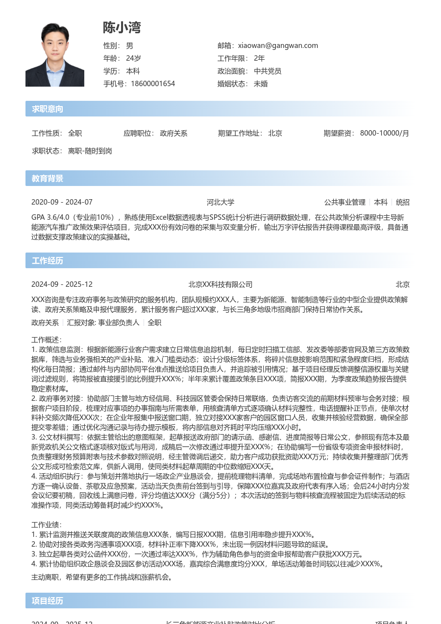 1年内经验政府关系简历模板（直观设计）